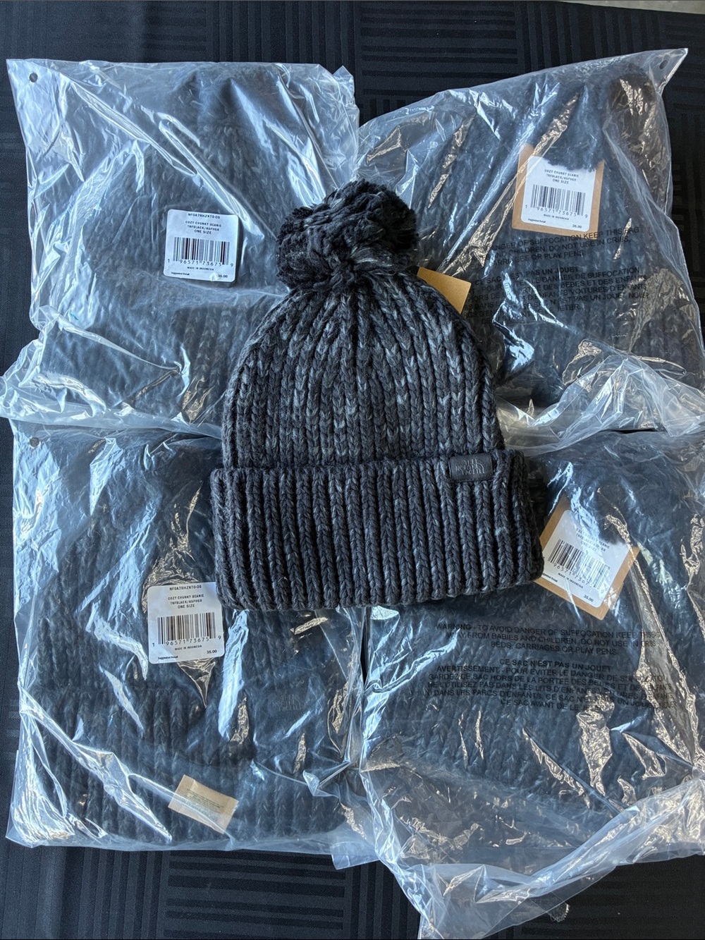 The North Face Charcoal black/Gray Ribbed Pom Beanie (5 pack bundle)